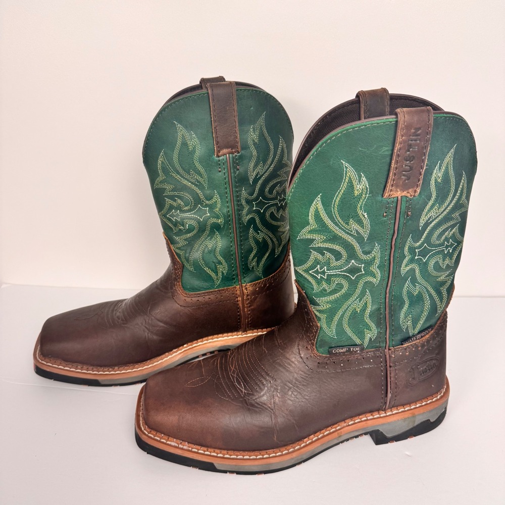 Justin Work Boots Men 8.5 EE Brown Green Pull-on Waterproof Comp Toe Western